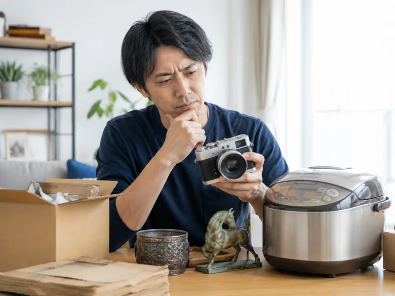 査定を断られた古い品物を手に取る様子