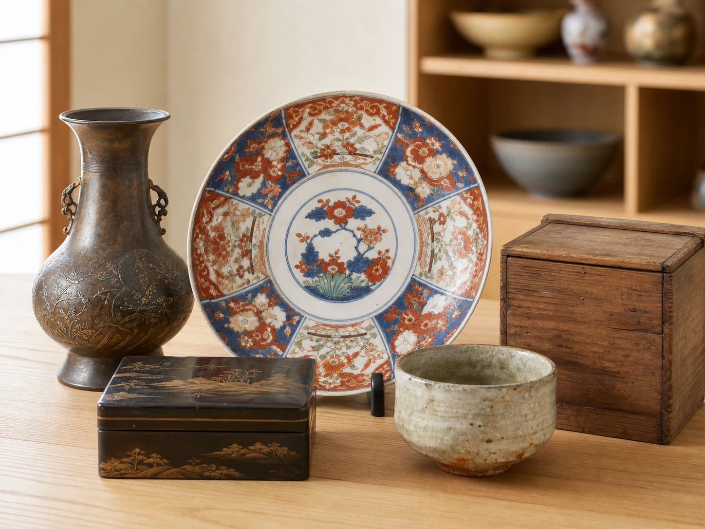色絵皿や青銅の花器、漆箱などの骨董品