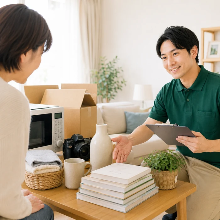 訪問先で品物の状態を丁寧に確認するスタッフ