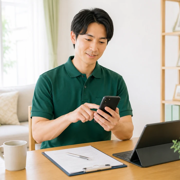 送られた写真を見ながら査定内容を確認するスタッフ