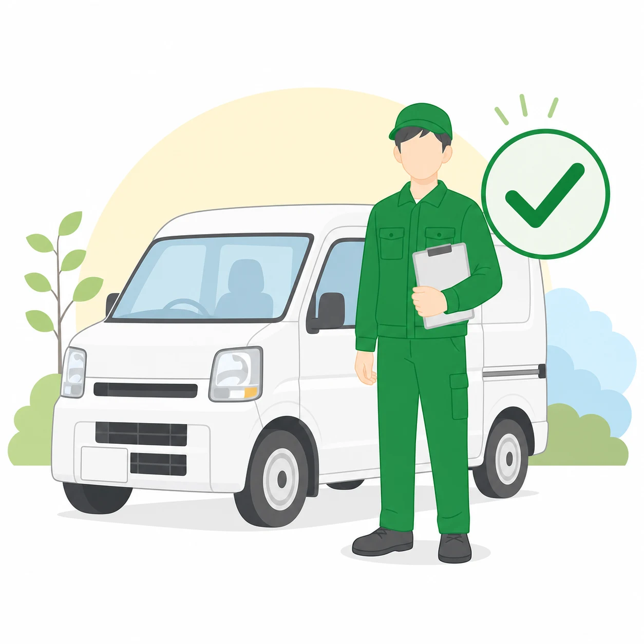 出張費と査定料が無料であることを表すスタッフと車両のイラスト