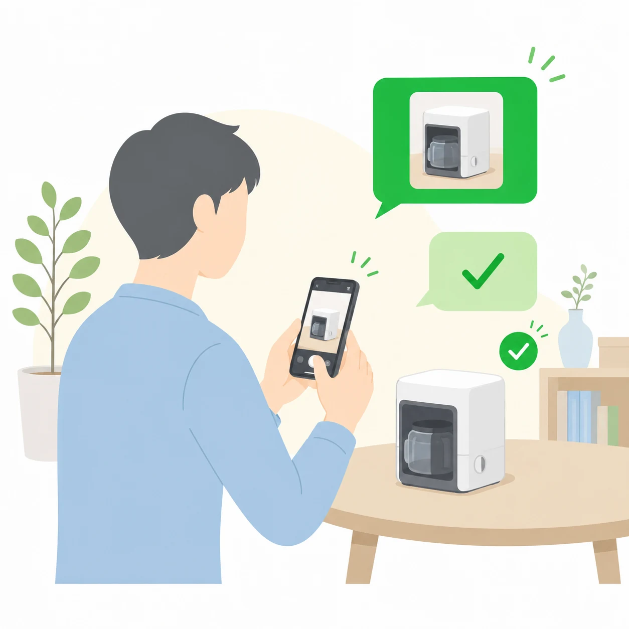 スマートフォンで品物を撮影し、LINEで簡易査定を依頼するイラスト
