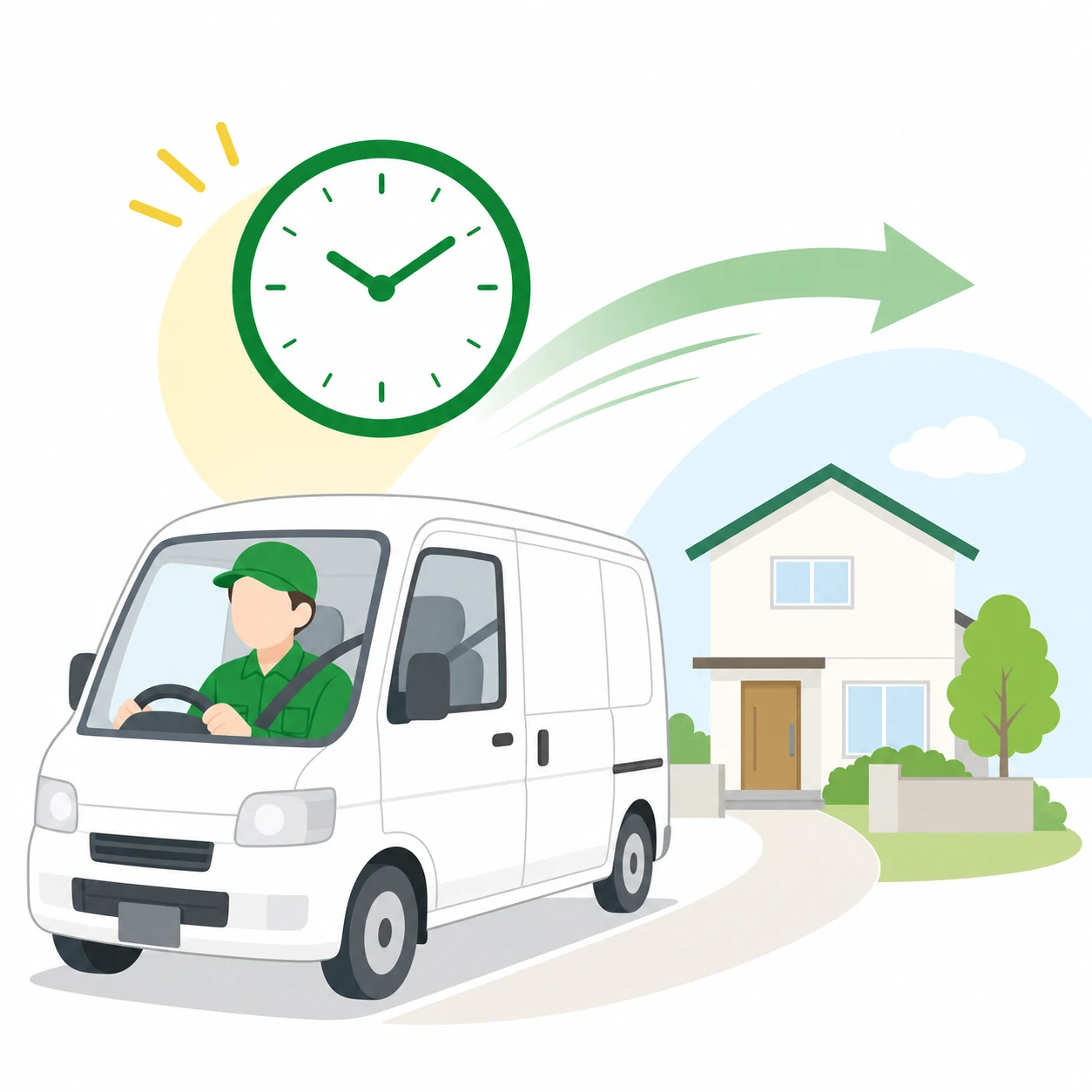 急なご相談にも対応するスタッフと車両のイラスト