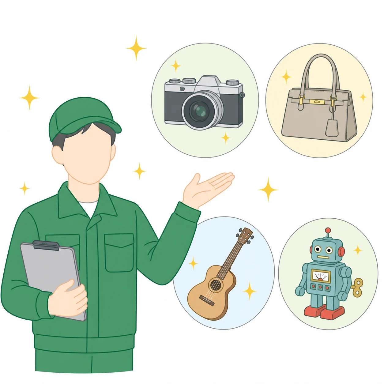 バッグやカメラなど幅広い品目を査定するスタッフのイラスト