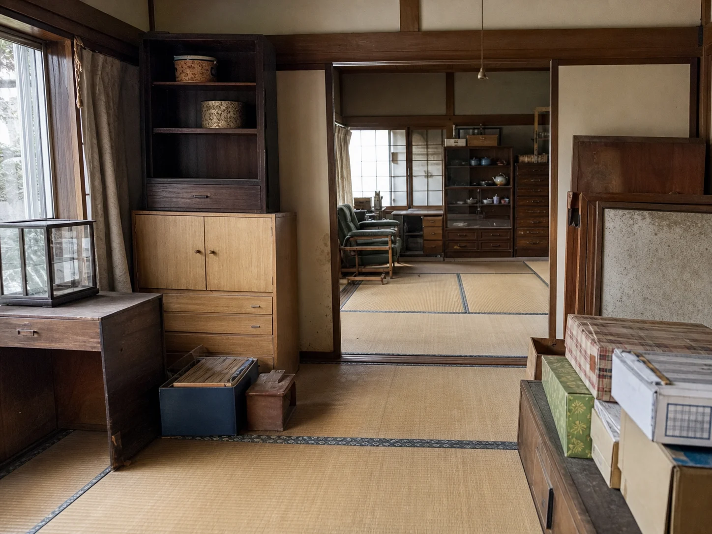 空き家に残された家具や生活用品を整理する作業風景