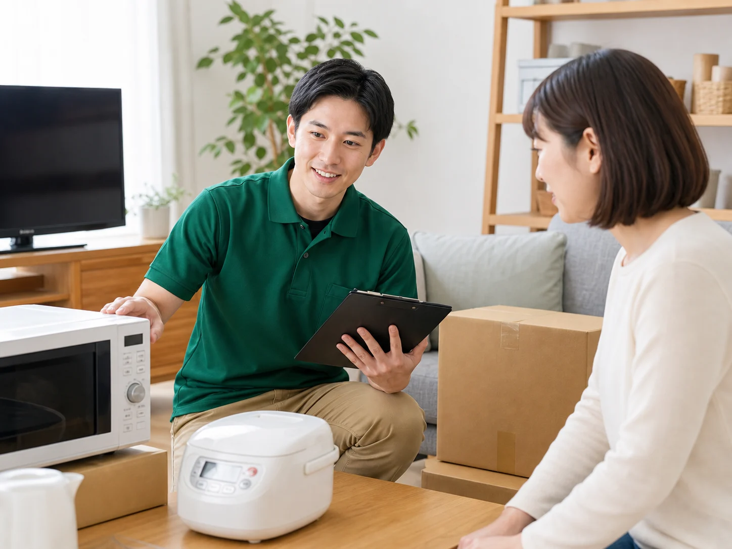 自宅で家電や不用品を査定するスタッフ